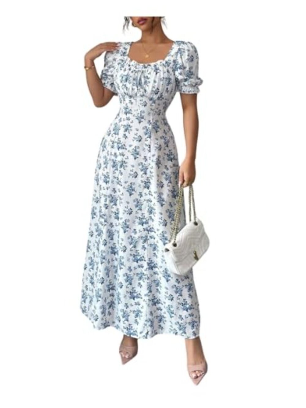 Floerns Women's Floral Puff Sleeve Milkmaid A-Line Long Dress